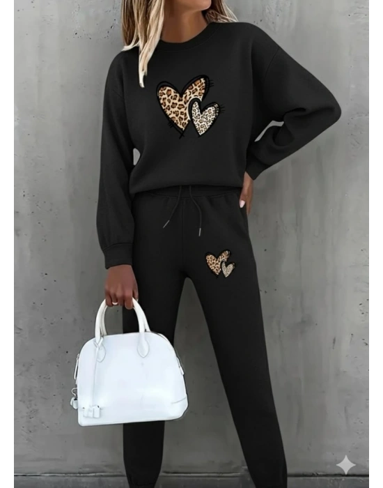 Kadın Uzun Kollu Bisiklet Yaka Kalp Desenli şardonlu üç Iplik Bluz Ve Pantolon Ikili Takım