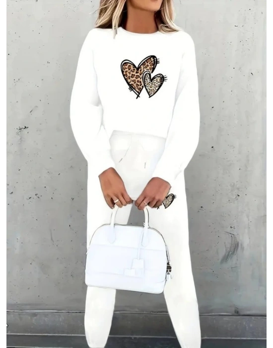 Kadın Uzun Kollu Bisiklet Yaka Kalp Desenli şardonlu üç Iplik Bluz Ve Pantolon Ikili Takım