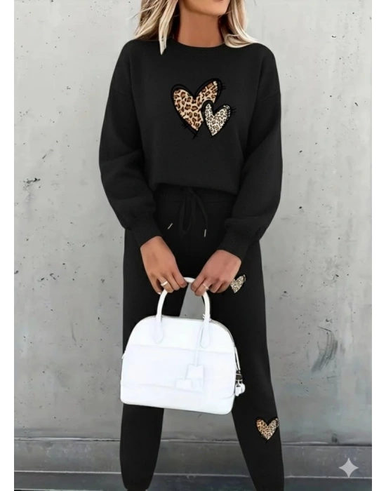 Kadın Uzun Kollu Bisiklet Yaka Kalp Desenli şardonlu üç Iplik Bluz Ve Pantolon Ikili Takım