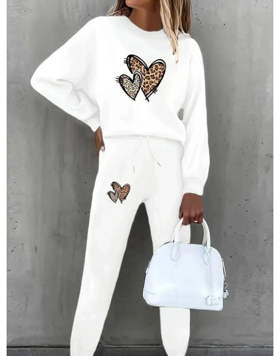 Kadın Uzun Kollu Bisiklet Yaka Kalp Desenli şardonlu üç Iplik Bluz Ve Pantolon Ikili Takım