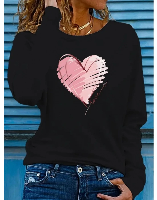 Kadın Uzun Kollu Bisiklet Yaka Kalp Desenli Viskon Bluz