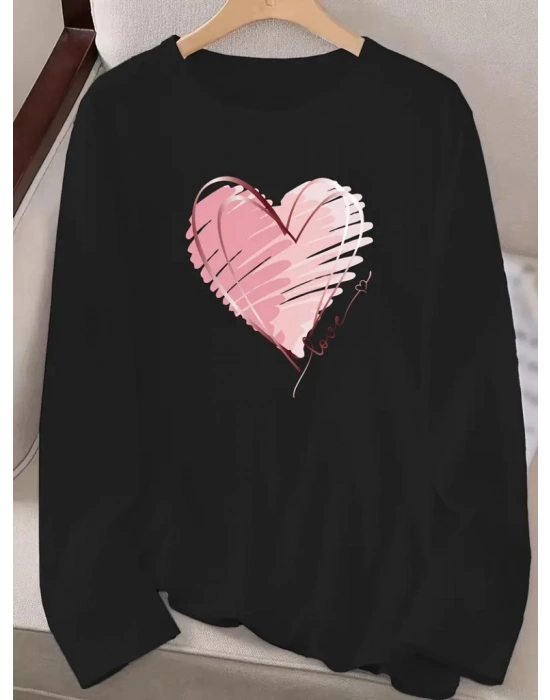 Kadın Uzun Kollu Bisiklet Yaka Kalp Desenli Viskon Bluz