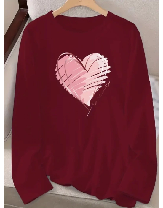 Kadın Uzun Kollu Bisiklet Yaka Kalp Desenli Viskon Bluz