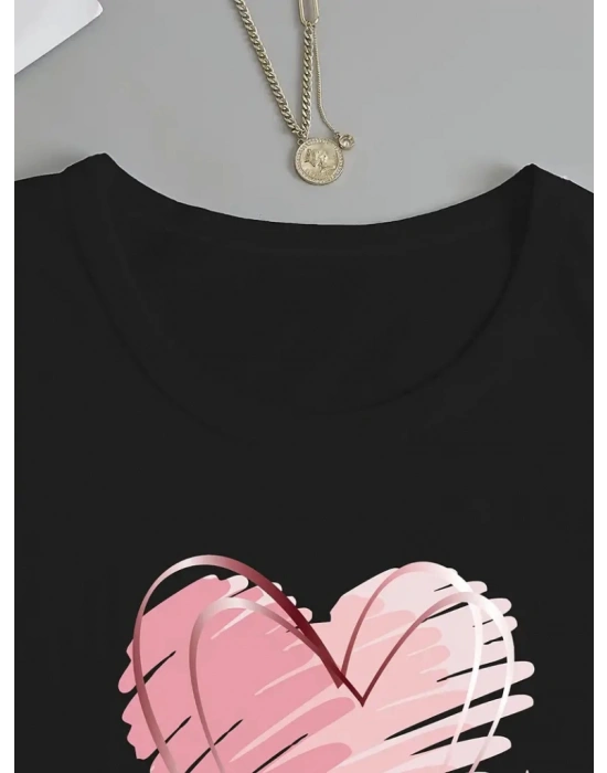 Kadın Uzun Kollu Bisiklet Yaka Kalp Desenli Viskon Bluz