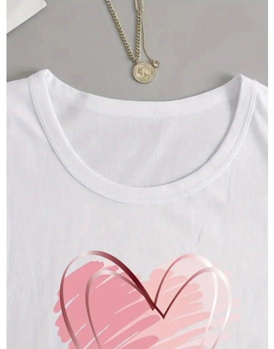 Kadın Uzun Kollu Bisiklet Yaka Kalp Desenli Viskon Bluz