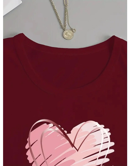 Kadın Uzun Kollu Bisiklet Yaka Kalp Desenli Viskon Bluz