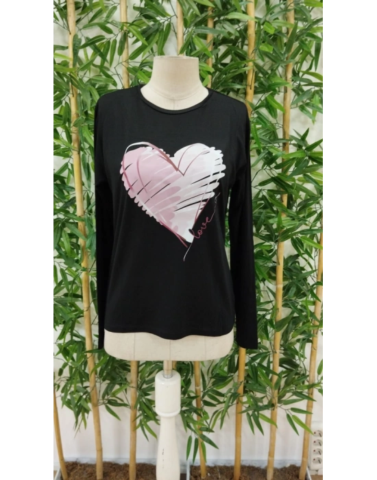 Kadın Uzun Kollu Bisiklet Yaka Kalp Desenli Viskon Bluz