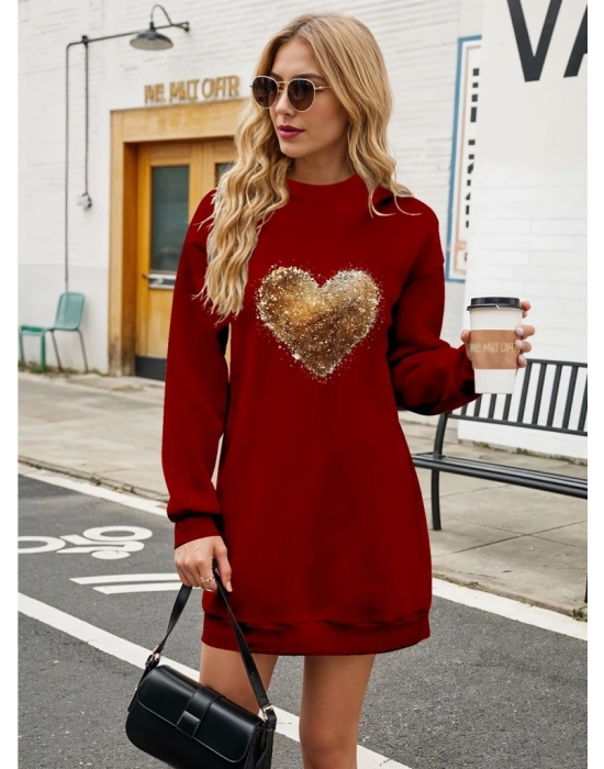 Kadın Uzun Kollu Bisiklet Yaka Kalp Desenli Viskon Iki Iplik Bluz