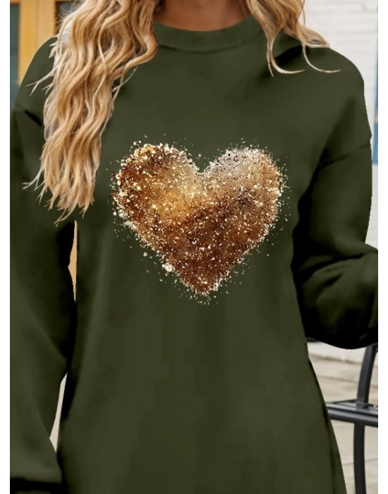 Kadın Uzun Kollu Bisiklet Yaka Kalp Desenli Viskon Iki Iplik Bluz