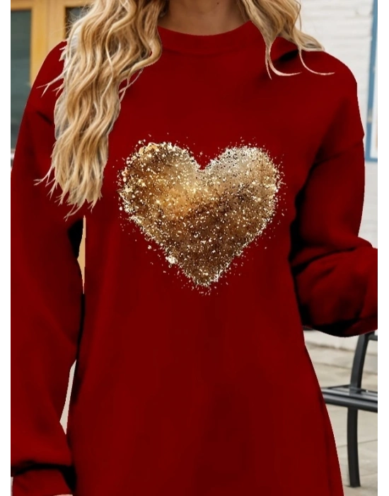 Kadın Uzun Kollu Bisiklet Yaka Kalp Desenli Viskon Iki Iplik Bluz