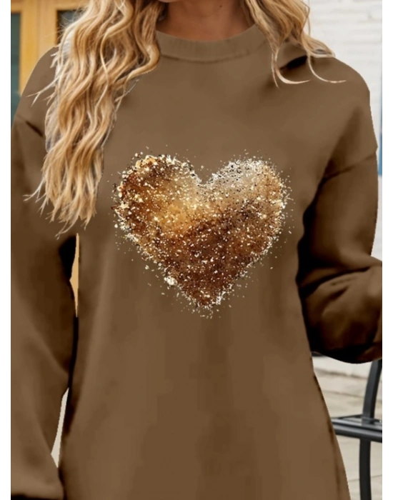 Kadın Uzun Kollu Bisiklet Yaka Kalp Desenli Viskon Iki Iplik Bluz