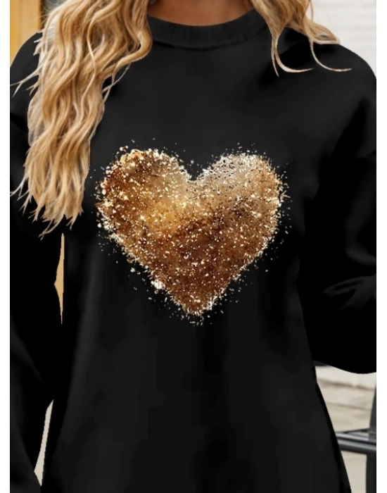 Kadın Uzun Kollu Bisiklet Yaka Kalp Desenli Viskon Iki Iplik Bluz