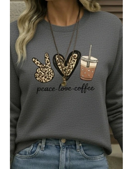 Kadın Uzun Kollu Bisiklet Yaka Kalp Desenli Viskon Iki Iplik Bluz