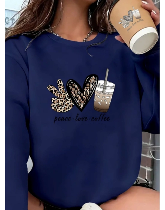 Kadın Uzun Kollu Bisiklet Yaka Kalp Desenli Viskon Iki Iplik Bluz