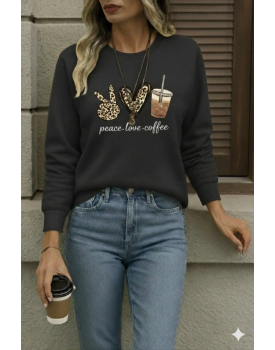 Kadın Uzun Kollu Bisiklet Yaka Kalp Desenli Viskon Iki Iplik Bluz