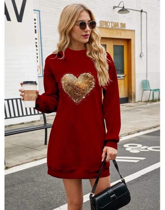 Kadın Uzun Kollu Bisiklet Yaka Kalp Desenli Viskon Iki Iplik Bluz