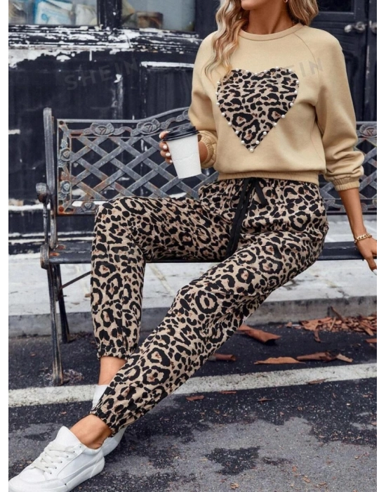 Kadın Uzun Kollu Bisiklet Yaka Kalp Leopar Baskılı Alt Ve üst Dalgıç Ikili Takım