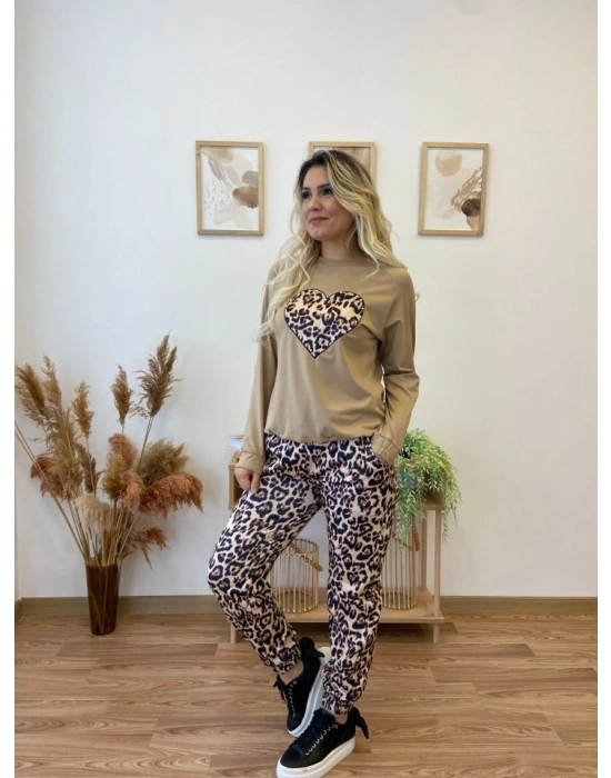 Kadın Uzun Kollu Bisiklet Yaka Kalp Leopar Baskılı Alt Ve üst Dalgıç Ikili Takım