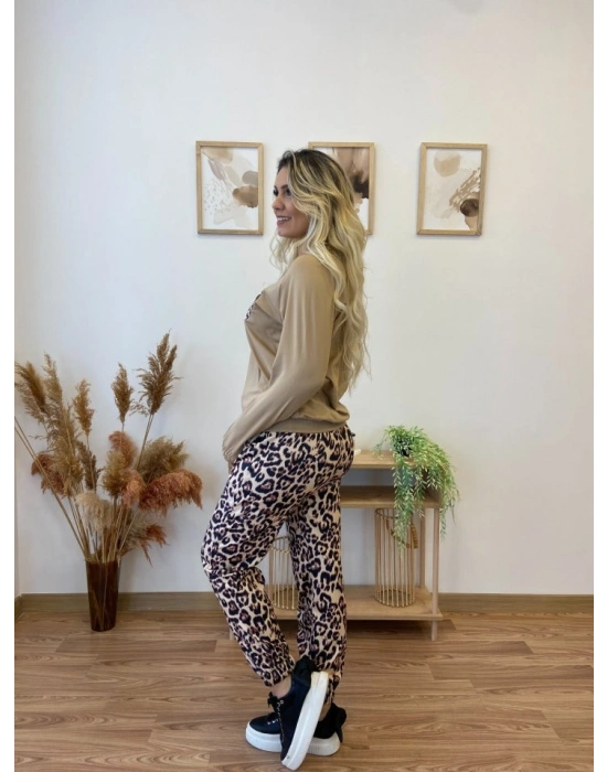 Kadın Uzun Kollu Bisiklet Yaka Kalp Leopar Baskılı Alt Ve üst Dalgıç Ikili Takım