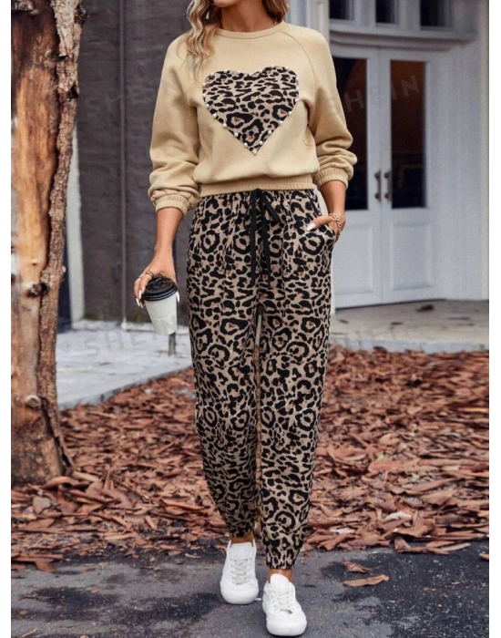 Kadın Uzun Kollu Bisiklet Yaka Kalp Leopar Baskılı Alt Ve üst Dalgıç Ikili Takım