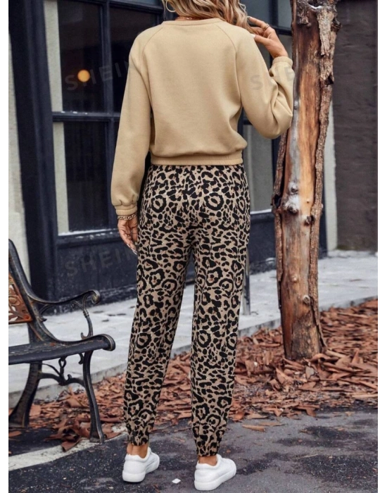 Kadın Uzun Kollu Bisiklet Yaka Kalp Leopar Baskılı Alt Ve üst Dalgıç Ikili Takım