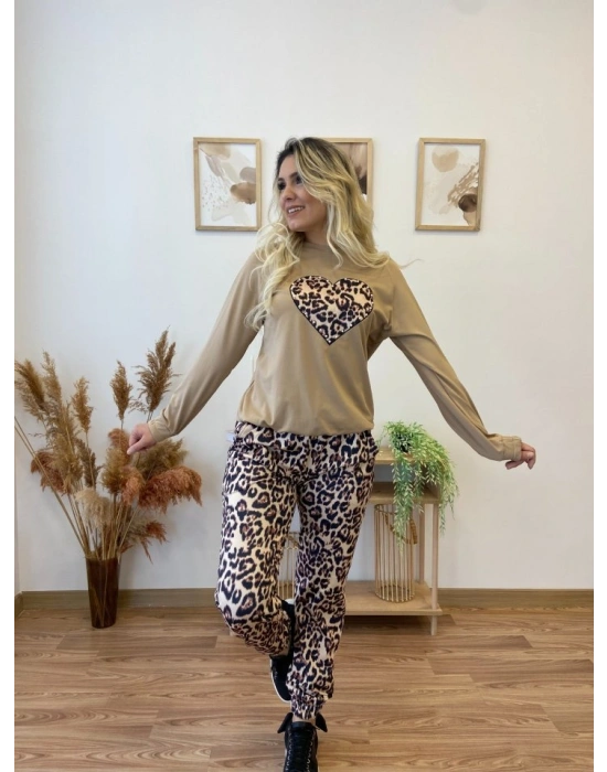 Kadın Uzun Kollu Bisiklet Yaka Kalp Leopar Baskılı Alt Ve üst Dalgıç Ikili Takım