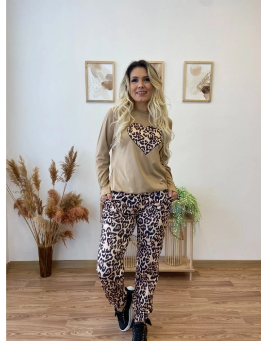 Kadın Uzun Kollu Bisiklet Yaka Kalp Leopar Baskılı Alt Ve üst Dalgıç Ikili Takım