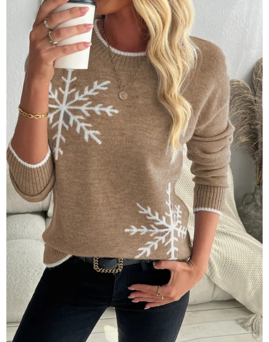 Kadın Uzun Kollu Bisiklet Yaka Kar Tane Desenli Triko Bluz