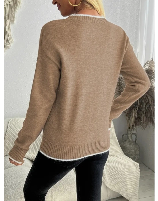 Kadın Uzun Kollu Bisiklet Yaka Kar Tane Desenli Triko Bluz