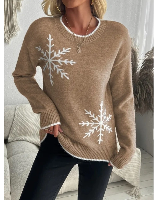 Kadın Uzun Kollu Bisiklet Yaka Kar Tane Desenli Triko Bluz