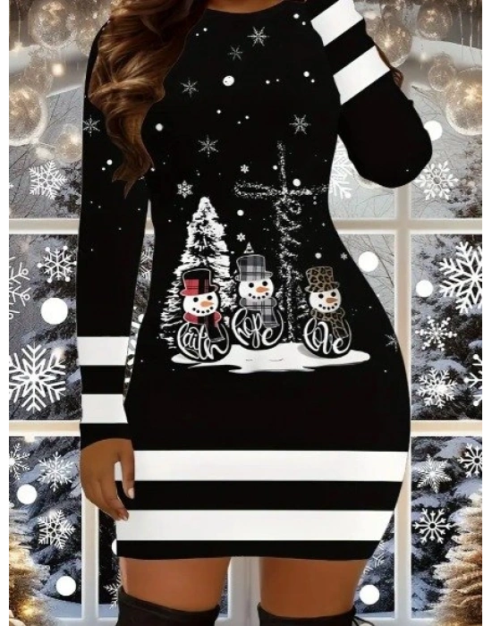 Kadın Uzun Kollu Bisiklet Yaka Kardan Adam Desenli Dalgıç Noel Elbise