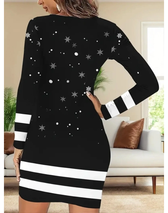 Kadın Uzun Kollu Bisiklet Yaka Kardan Adam Desenli Dalgıç Noel Elbise