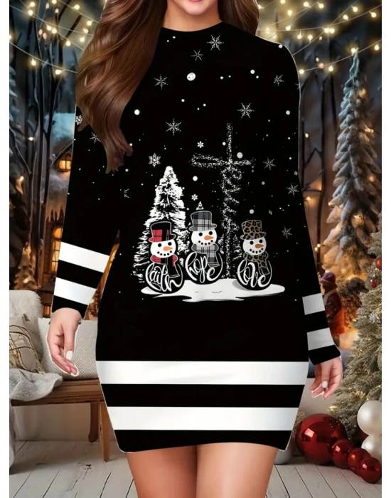 Kadın Uzun Kollu Bisiklet Yaka Kardan Adam Desenli Dalgıç Noel Elbise