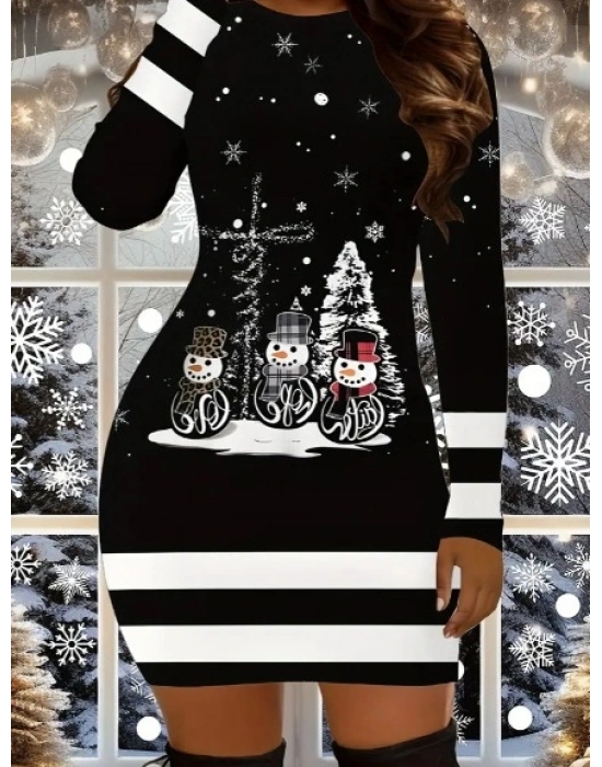 Kadın Uzun Kollu Bisiklet Yaka Kardan Adam Desenli Dalgıç Noel Elbise