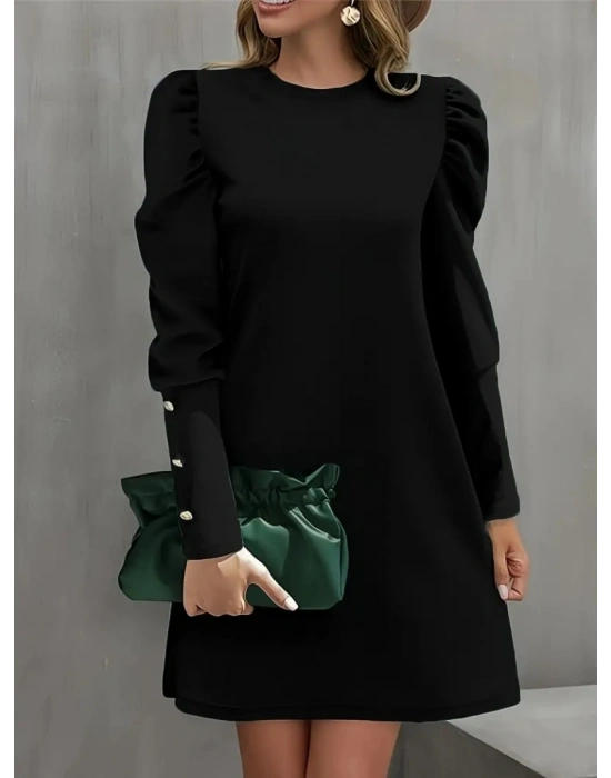 Kadın Uzun Kollu Bisiklet Yaka Karpuz Kol Düğme Detay Ithal Krep Elbise