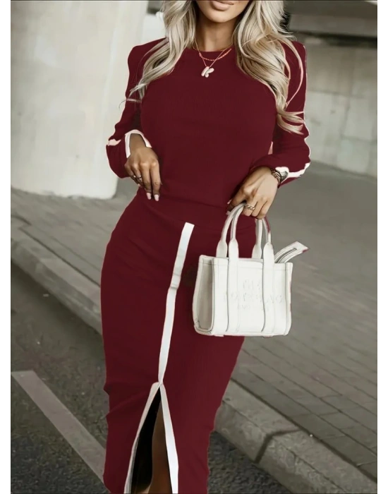 Kadın Uzun Kollu Bisiklet Yaka Kaşkorse Bluz Ve Yırtmaçlı Etek Ikili Takım