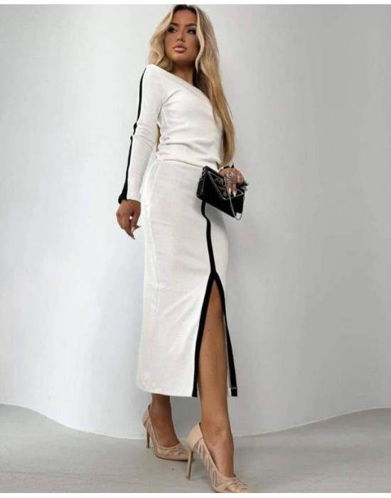 Kadın Uzun Kollu Bisiklet Yaka Kaşkorse Bluz Ve Yırtmaçlı Etek Ikili Takım