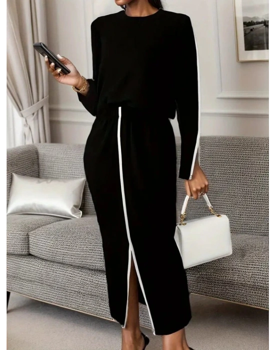 Kadın Uzun Kollu Bisiklet Yaka Kaşkorse Bluz Ve Yırtmaçlı Etek Ikili Takım