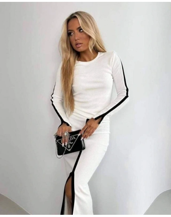 Kadın Uzun Kollu Bisiklet Yaka Kaşkorse Bluz Ve Yırtmaçlı Etek Ikili Takım