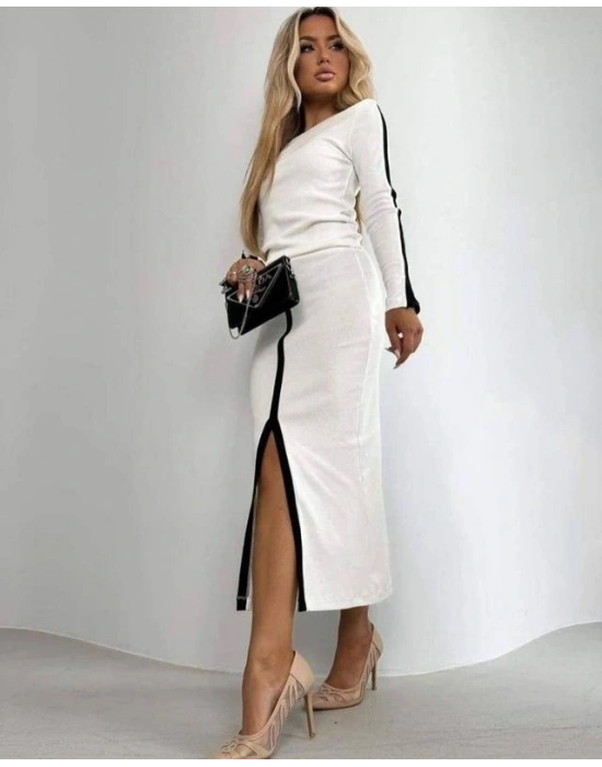 Kadın Uzun Kollu Bisiklet Yaka Kaşkorse Bluz Ve Yırtmaçlı Etek Ikili Takım