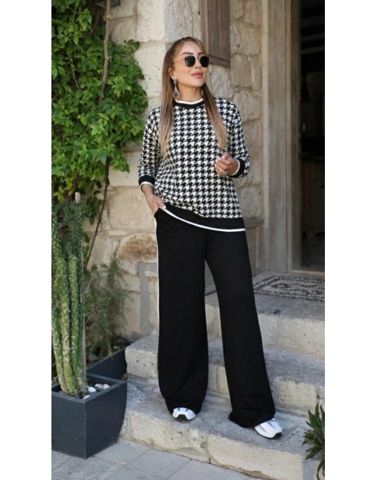 Kadın Uzun Kollu Bisiklet Yaka Kazayağı Desenli Iki Iplik Bluz Ve Viskon Iki Iplik Pantolon Ikili Takım