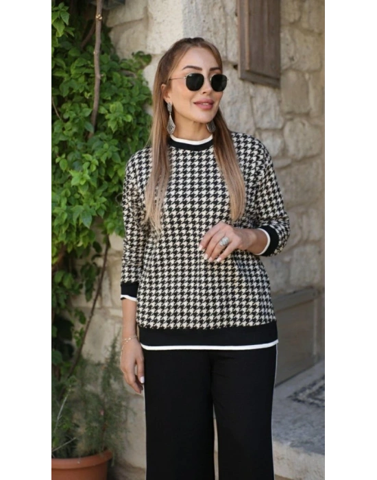 Kadın Uzun Kollu Bisiklet Yaka Kazayağı Desenli Iki Iplik Bluz Ve Viskon Iki Iplik Pantolon Ikili Takım