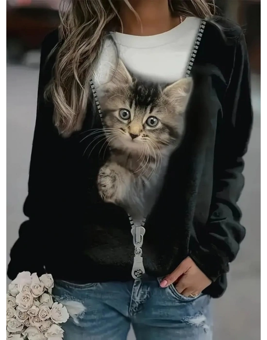 Kadın Uzun Kollu Bisiklet Yaka Kedi Baskılı şardonlu Dalgıç Bluz