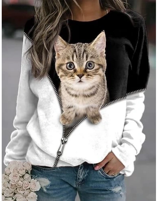 Kadın Uzun Kollu Bisiklet Yaka Kedi Baskılı şardonlu Dalgıç Bluz