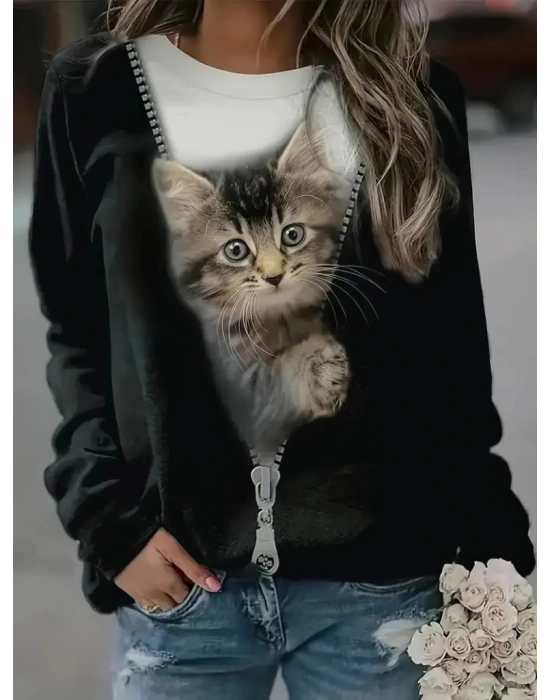 Kadın Uzun Kollu Bisiklet Yaka Kedi Baskılı şardonlu Dalgıç Bluz