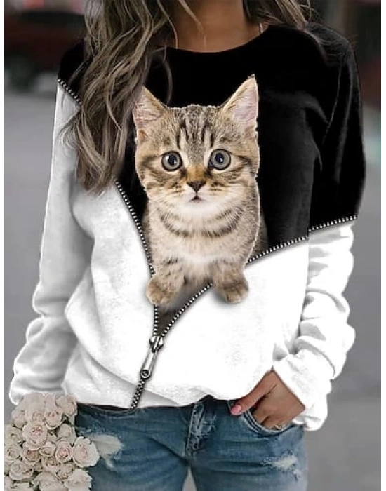 Kadın Uzun Kollu Bisiklet Yaka Kedi Baskılı şardonlu Dalgıç Bluz