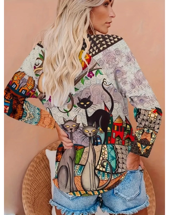 Kadın Uzun Kollu Bisiklet Yaka Kedi Baskılı Süprem Bluz