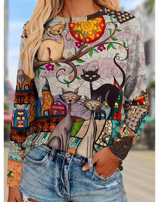 Kadın Uzun Kollu Bisiklet Yaka Kedi Baskılı Süprem Bluz