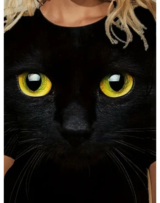 Kadın Uzun Kollu Bisiklet Yaka Kedi Desenli Süprem Bluz