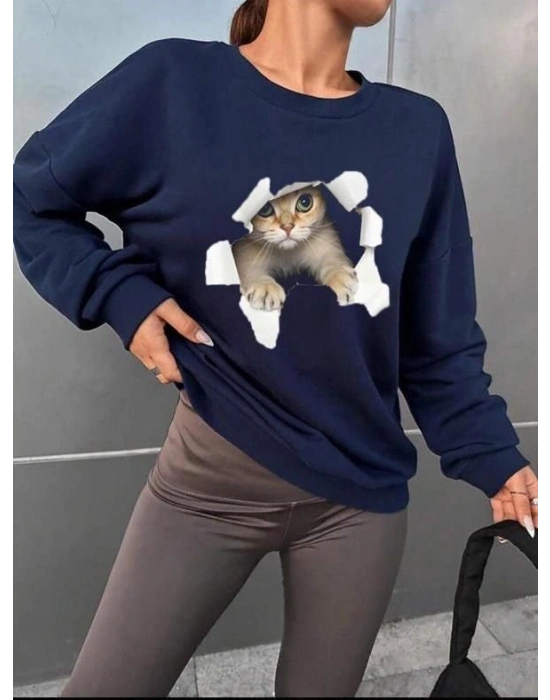 Kadın Uzun Kollu Bisiklet Yaka Kedi Desenli Viskon Iki Iplik Bluz